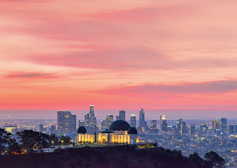 Los Angeles Skyline at Dawn Panorama and the Griffith Park Observatory in the foreground