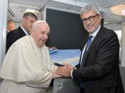 Pope Francis with Ita flight to visit Bahrain . In the pic: Pope Francis with the CEO of Ita Fabio Maria Lazzerini