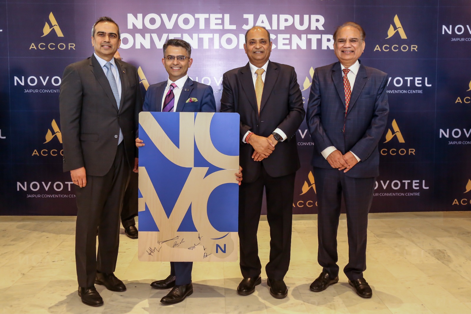 L-R: Puneet Dhawan, South Asia’s VP Operations,Accor India; Manuj Ralhan, GM of Novotel Jaipur Convention Centre and JECC; Pramod Kumar Agarwal, Chairman, Derewala Group, and Harimohan Dangayach, Chairman, Dangayach Group