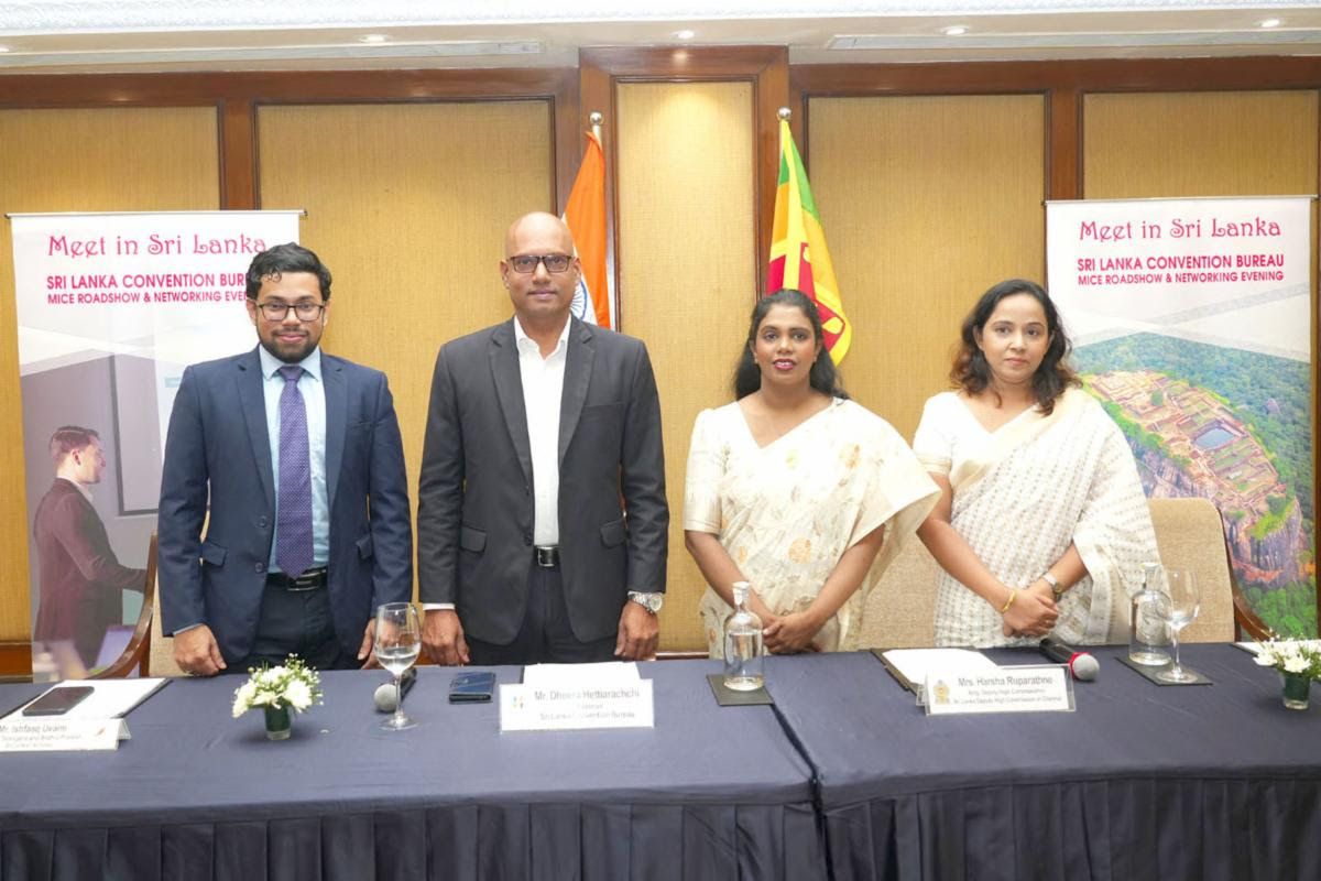 Left to Right- Ishfaaq Uvaim, Manager Telangana and Andhra Pradesh; Mr. Dheera Hettiarachchi, Chairman, Sri Lanka Convention Bureau; Mrs. Harsha Ruparathne, Actg. Deputy High Commissioner, Sri Lanka Deputy High Commission in Chennai, India; Mrs. Malkanthi Welikala, Manager – Marketing, SLCB